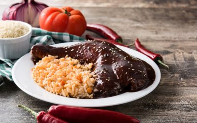 Traditional mole dish with chicken and rice